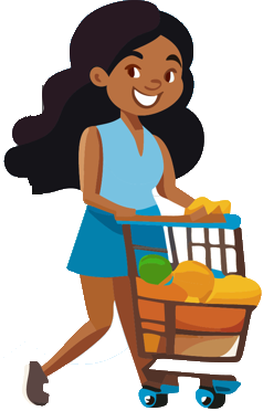 Ellida, the Lingo List mascot, pushing a shopping cart