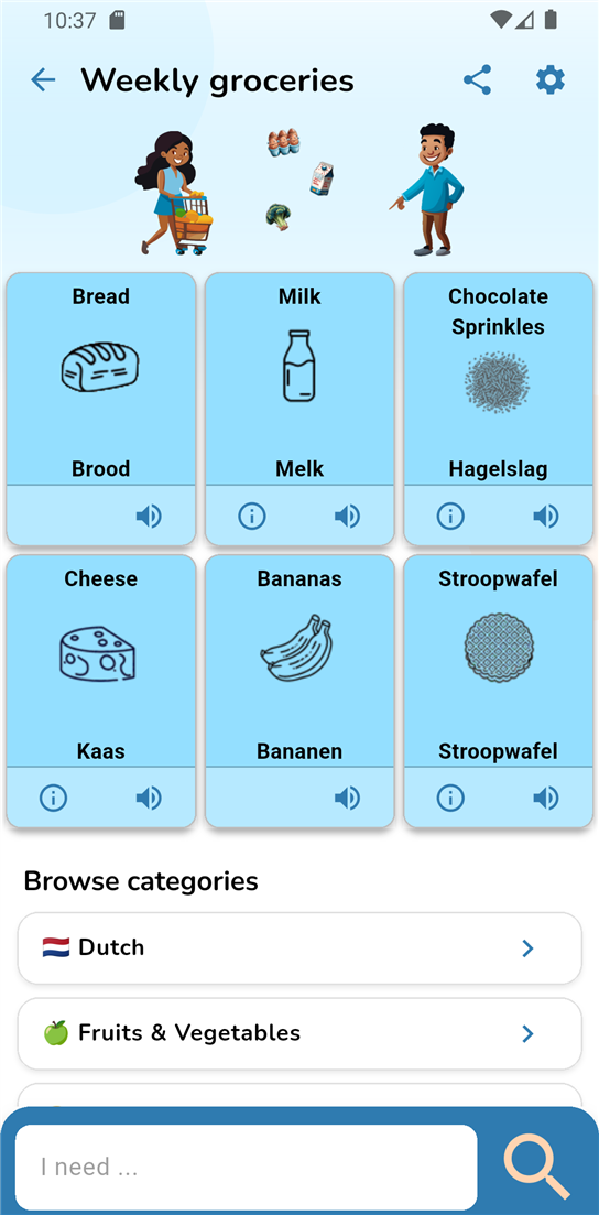 A Lingo List grocery list showing products in Dutch and English