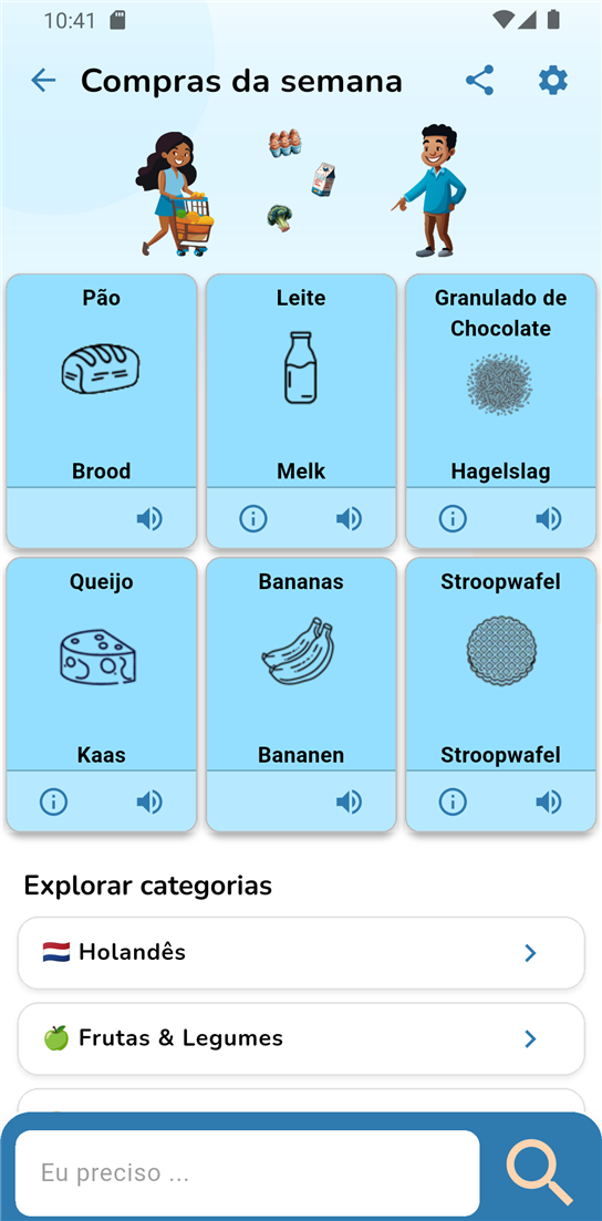 Uma lista de compras do Lingo List mostrando produtos em holandês e português